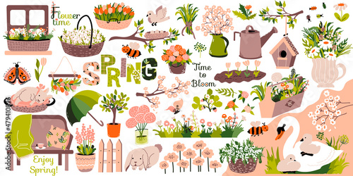 Spring set. Differnt baskets, boxes with flowers, sakura, tulips, roses, cute animals, swan, bunny, bumblebee, bench, birdhouse and gardening decor.  Vector illustration and text