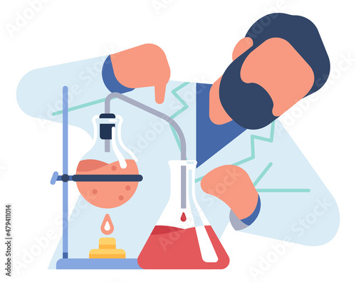 Man making chemical experiment with red liquid. Scientist working with laboratory glass