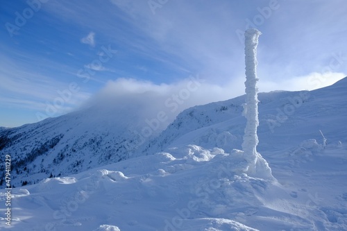 Frozen pole marking trail in mountains in winter. Babia Gora peak in clouds in background. Diablak, Babiogorski National Park, Beskid Zywiecki, Poland