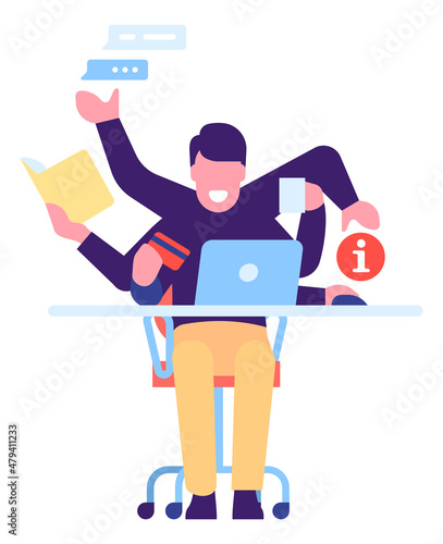 Man with many arms working at computer. Effective time management