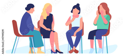 People sitting on chairs and talking. Group therapy session