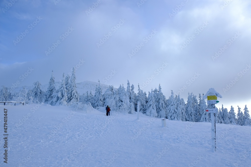 View from Brona Pass to Babia Gora Peak in winter misty day. Diablak, Beskid Zywiecki, Poland. Silhouette of people on pass.