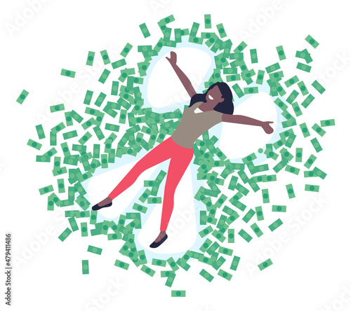 Woman making angel in money pile. Careless rich person