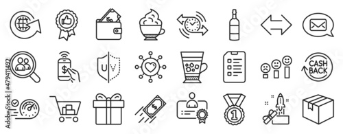 Set of line icons, such as Dating network, Frappe, Search employees icons. Fast payment, Internet shopping, Checklist signs. Gift box, Parcel, Speedometer. Customer satisfaction, Messenger. Vector