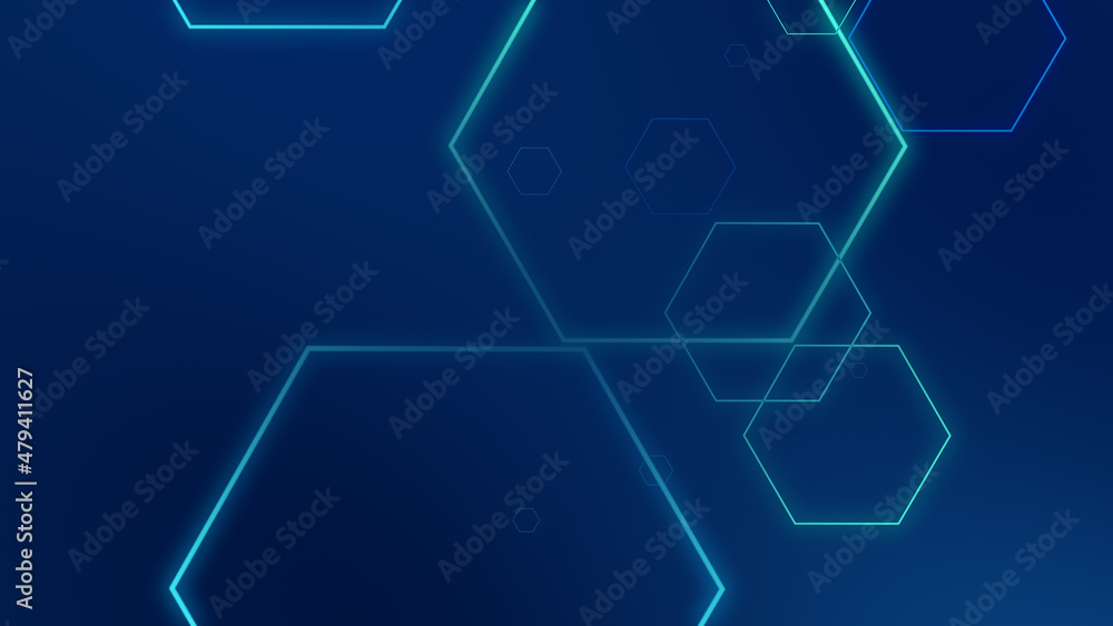 Abstract hexagon geometric blue neon lights technology dark background. Abstract hexagon geometric blue neon lights technology dark background.