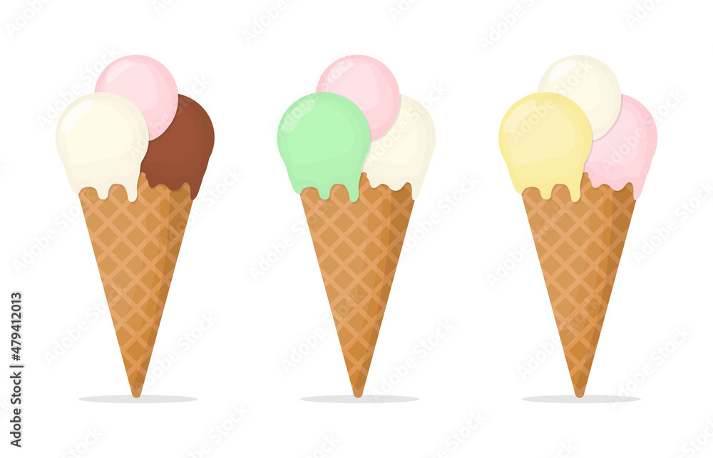Multicolored ice cream in a cone set