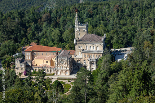 Top view of Bussaco Palace from the cruz alta viewport. A chic hotel among the relict national forest of Coimbra, Portugal. It is included in the UNESCO World Heritage List.