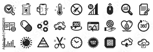 Set of Science icons, such as 5g wifi, Safe planet, No vaccine icons. Sunny weather, Capsule pill, 360 degrees signs. Local grown, Tips, 5g cloud. Augmented reality, Pyramid chart, Time. Vector