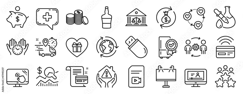 Set of Business icons, such as Money exchange, Business meeting, Certified refrigerator icons. Engineering team, Usb stick, Romantic gift signs. Contactless payment, Video file, Piggy bank. Vector