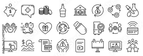 Set of Business icons, such as Money exchange, Business meeting, Certified refrigerator icons. Engineering team, Usb stick, Romantic gift signs. Contactless payment, Video file, Piggy bank. Vector