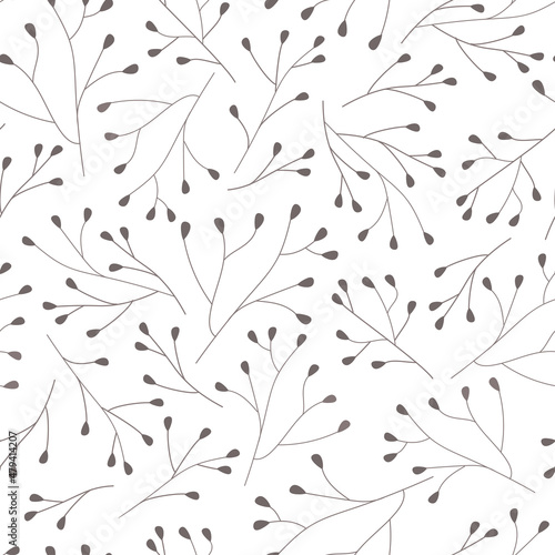 Seamless pattern of simple plants, branches with buds, leaves. Spring summer time. Abstract minimalistic botanical eco print. Vector graphics.