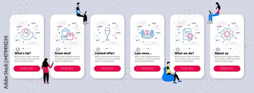 Vector Set of line icons related to Share idea, Laureate award and Wineglass icons. UI phone app screens with teamwork. Shopping, Certificate and Service line symbols. Vector