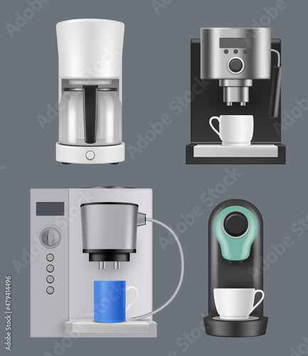 Coffee machine. Realistic hot drinks production machine breakfast coffee makers cafe beverage dispenser espresso capuchino kitchen items decent vector illustrations set