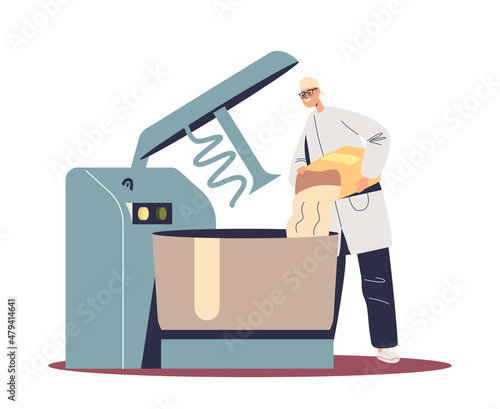 Dough making process in bread production. Male baker putting flour in industrial mixer for kneading
