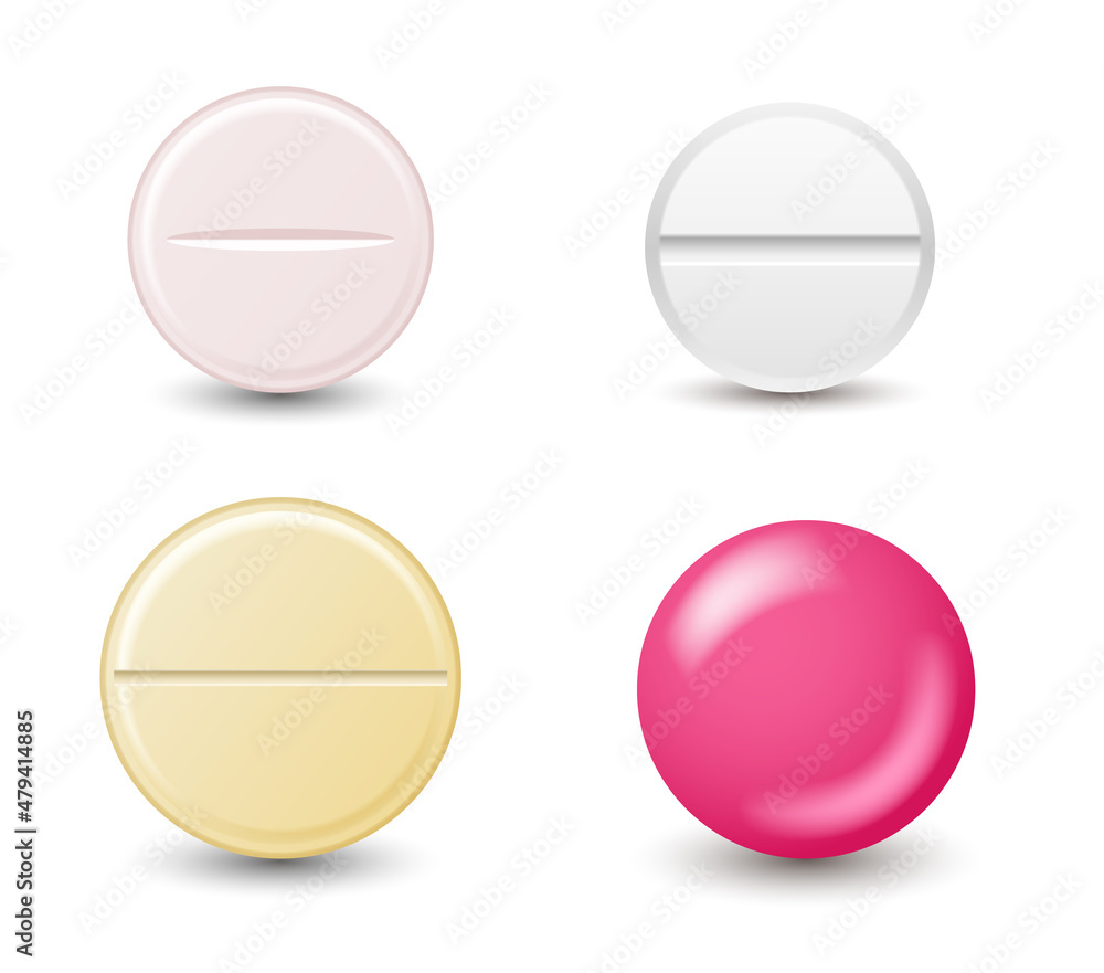 Realistic white medical pill or tablets. Set of medical round pill drugs. Medicine and healthcare Realistic white medical pill or tablets. Set of medical round pill drugs. Medicine and healthcare