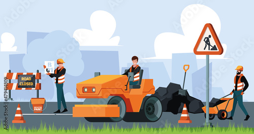 Street repair builders. Technical work in city with machine maintenance warning processes road traffic support garish vector cartoon background