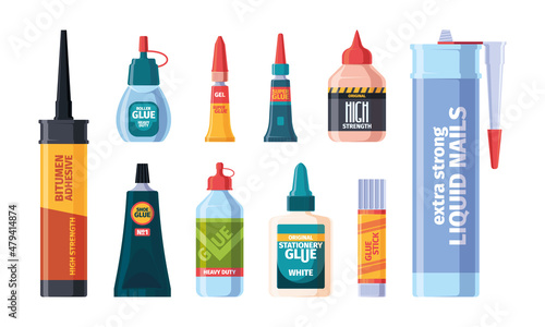 Glue containers. Plastic transparent bottles glue 3d tubes office supplies collection garish vector cartoon illustrations