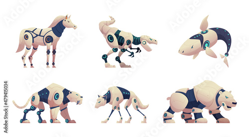 Robotic animals. Cyber technology futuristic androids from flora transformers smart mechanical mechanism exact vector angry animals