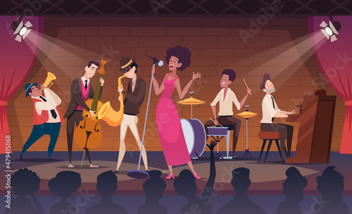 Musicians. Performance jazz band on promo stage music concert exact vector cartoon background