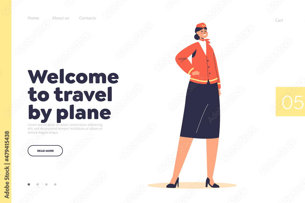 Welcome to travel by plane landing page with stewardess wearing uniform. Aviation crew member