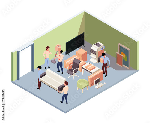 Office relocation. Managers moves and unpacking cardboards and packages from office interior shipment garish vector isometric illustration