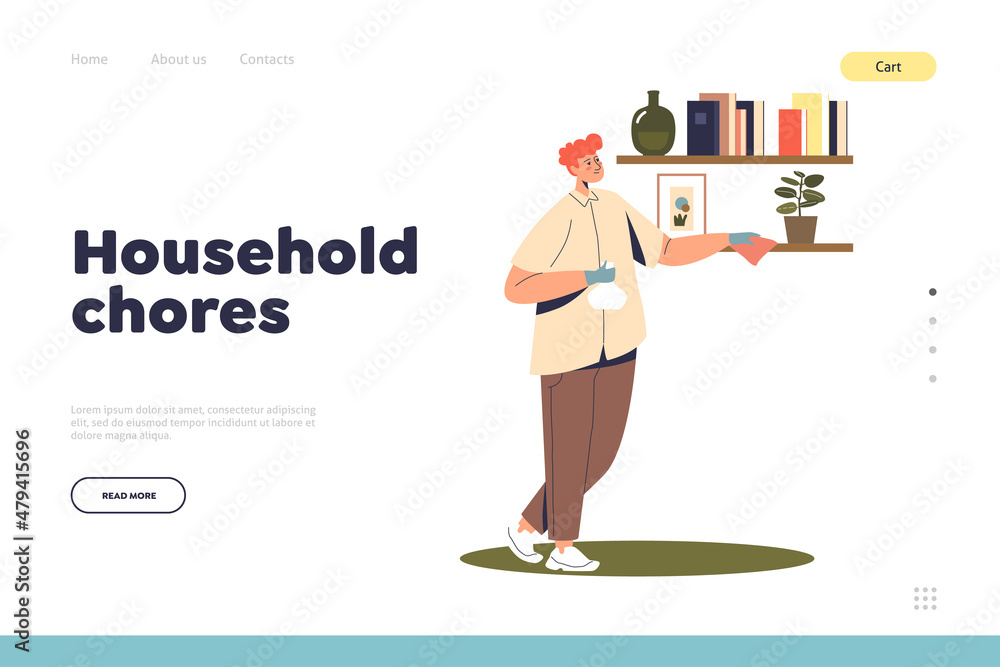 Household chores concept of landing page with man wiping dust at home. Housekeeping activities