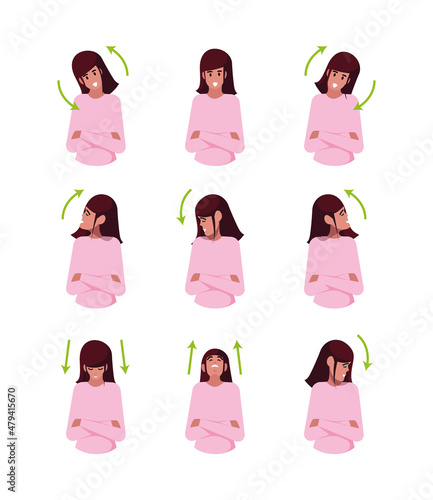 Stretching exercises. Body back and neck stretching for healthy lifestyle of office managers head pain prevention yoga instruction garish vector infographic templates