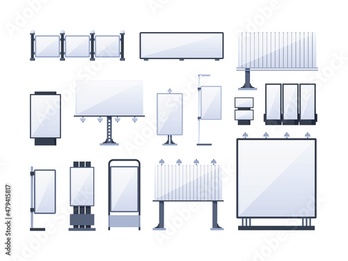 Urban billboards. Outdoor city place for banners various ads boards templates vector garish flat pictures isolated