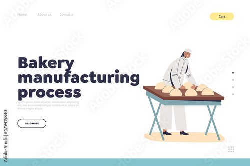 Bakery manufacturing process concept of landing page with woman baker kneading dough for bread