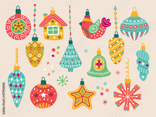 Christmas tree toys. Xmas holidays symbols bubbles snowflakes pictures for scrapbook ornament bells nutcracker recent vector doodles colored collection