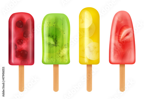 Frozen fruits. Delicious icecream sorbet on stick berries kiwi banana juices from ice decent vector realistic illustrations
