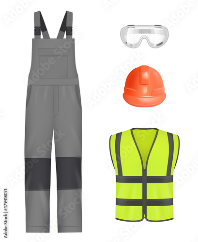 Industry uniform. Realistic workwear professional constructors or engineer pants helmet shoes and jacket with reflection colored lines decent vector templates set