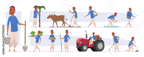 Indian farmer. Village rural character worker in nature exact vector indian people harvesting in cartoon style