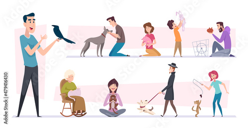 Pets owners. Dogs cats living with people funny puppy happy domestic animals playing birds fishes exact vector cartoon pictures set