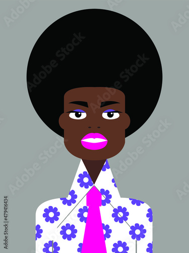Vector graphics - avatar of a beautiful dark-skinned male model with traditional Afropric makeup in a fashionable white shirt with purple flowers and a pink tie