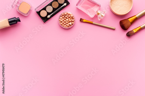 Frame of decorative makeup cosmetic products. Beauty background