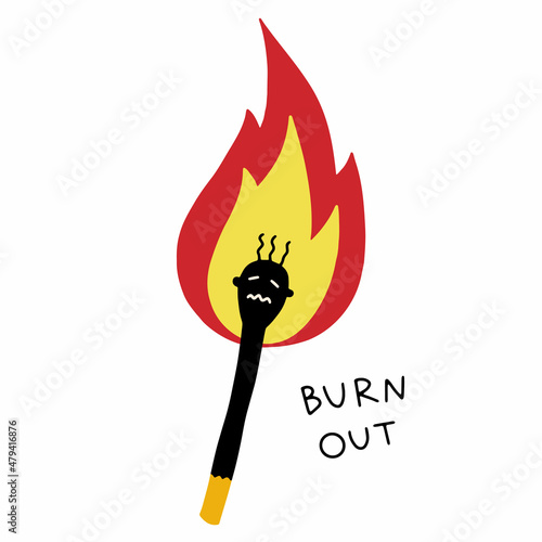 Burning match, professional burnout concept, isolated on white background. Flat cartoon vector illustration isolated on white background