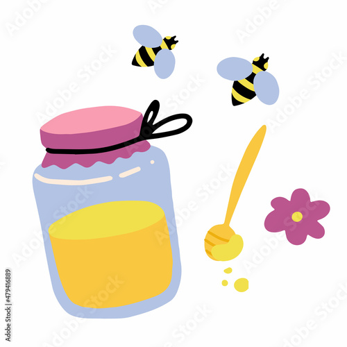 Honey in a jar and bees isolated on white background. Flat cartoon vector illustrationstyle.