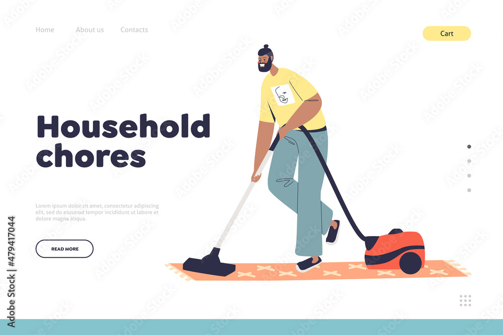 Household chores concept of landing page with man do vacuum cleaning floor at home