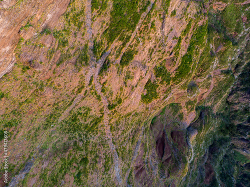 Drop down view of spectacular volcanic landscape with magma layers.