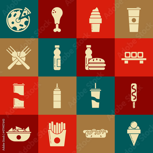 Set Ice cream in waffle cone, Sushi cutting board, Bottle of water, Crossed fork, Pizza and and burger icon. Vector