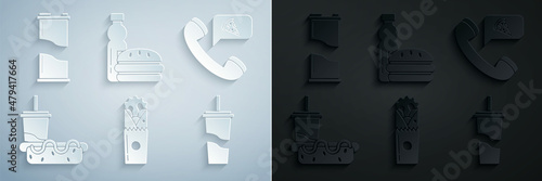 Set Doner kebab, Food ordering pizza, Paper glass with drinking straw and hotdog, water, Bottle of burger and Soda can icon. Vector