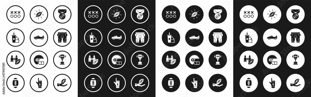 Set American Football ball with medal, Soccer or football shoes spikes, ticket and paper glass soda drinking straw, Planning strategy concept, shorts, Award cup and Binoculars american icon. Vector Set American Football ball with medal, Soccer or football shoes spikes, ticket and paper glass soda drinking straw, Planning strategy concept, shorts, Award cup and Binoculars american icon. Vector
