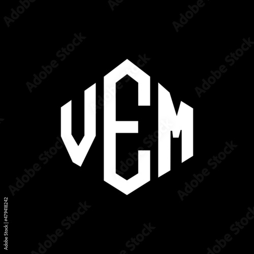 VEM letter logo design with polygon shape. VEM polygon and cube shape logo design. VEM hexagon vector logo template white and black colors. VEM monogram, business and real estate logo.