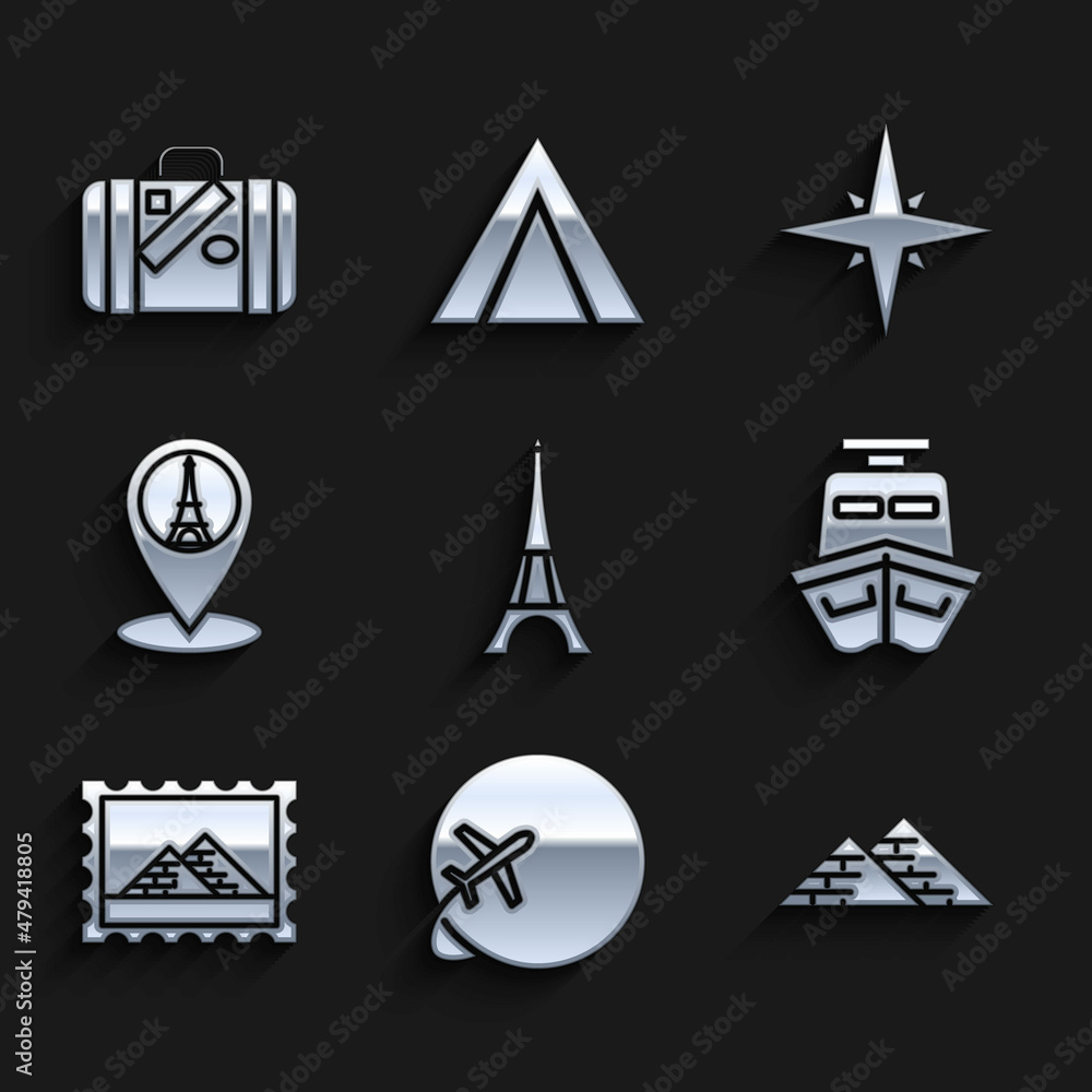 Set Eiffel tower, Globe with flying plane, Egypt pyramids, Ship, Postal stamp and, Map pointer, Wind rose and Suitcase for travel stickers icon. Vector Set Eiffel tower, Globe with flying plane, Egypt pyramids, Ship, Postal stamp and, Map pointer, Wind rose and Suitcase for travel stickers icon. Vector