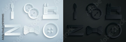 Set Sewing thread on spool, machine, Tape measure, button for clothes, and Cutter tool icon. Vector