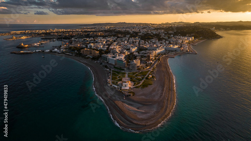 Aerial drone sunset at Rhodes island of Greece