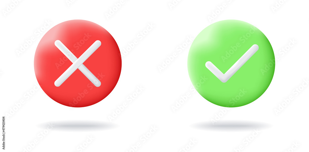 Check and cross symbols. Remove sign and approve, accepted, confirmed sign. 3d vector illustration. Check and cross symbols. Remove sign and approve, accepted, confirmed sign. 3d vector illustration.