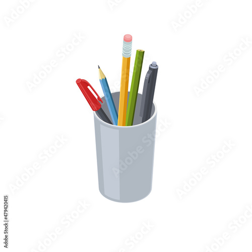 Pencils and pens in desktop holder. Office stationery.