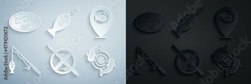 Set No fishing, Location, Fishing rod and, hook and trophy hanging the board icon. Vector